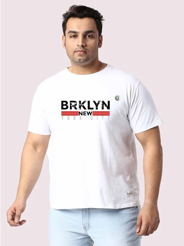 T-shirts for light fans -Men Plus Size White Brooklyn Printed Round Neck T-Shirt