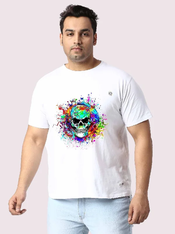 T-shirts with patriotic themes -Men Plus Size White Colorful Skull Printed Round Neck T-Shirt