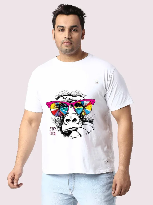 T-shirts with tie-front detail -Men Plus Size WhIte Monkey with Goggles Printed Round Neck T-Shirt