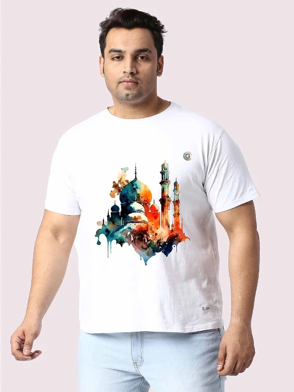 T-shirts for green living -Men Plus Size White Mosque Printed Round Neck T-Shirt