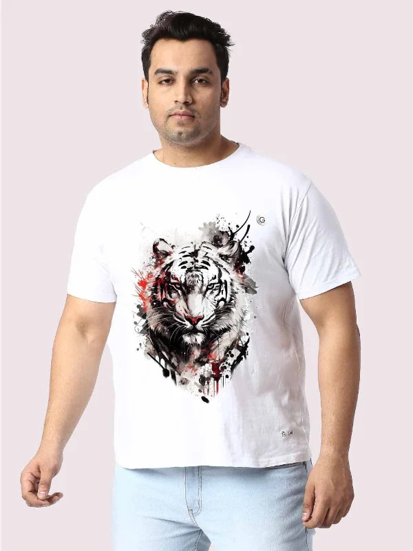 V-neck T-shirts casual wear -Men Plus Size WhIte Tiger Head Printed Round Neck T-Shirt