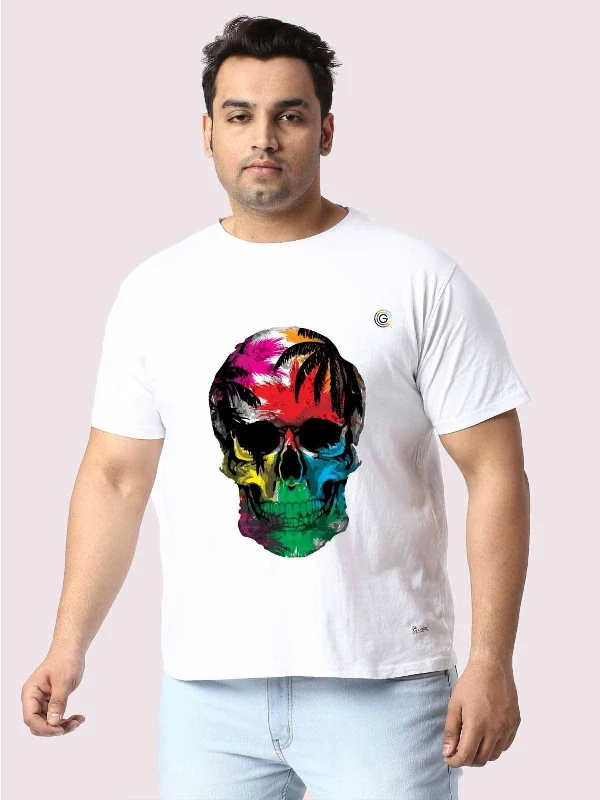 T-shirts for 3D art -Men Plus Size White Tropical Skull Printed Round Neck T-Shirt