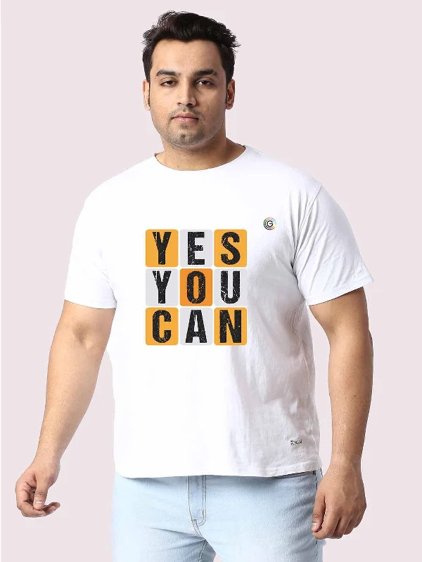 T-shirts with confetti prints -Men Plus Size White Yes You Can Printed Round Neck T-Shirt