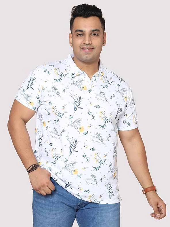 T-shirts for festive vibes -Men Plus Size Yellow Flower Digital Printed Polo Collar T-shirt