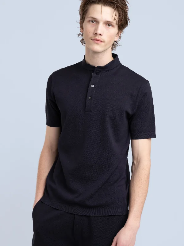 T-shirts with eco slogans -Navy Band Collar Polo Shirt