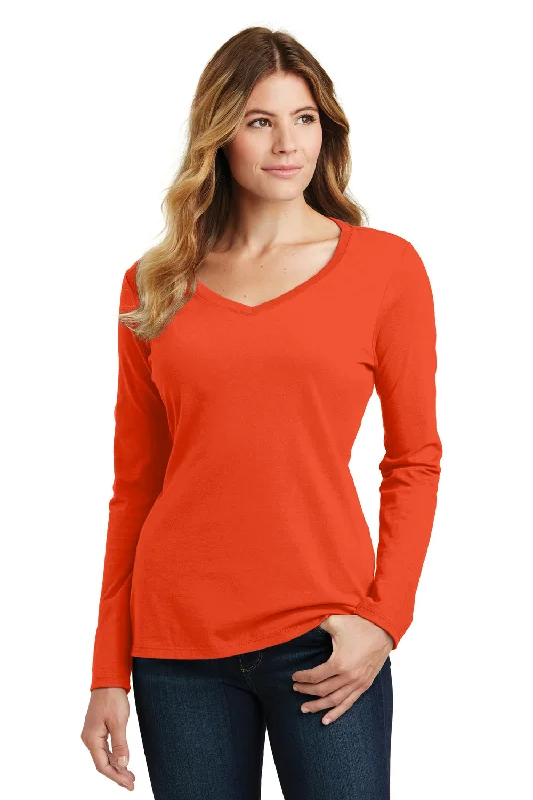 T-shirts for night fans -Port & Company Womens Fan Favorite Long Sleeve V-Neck T-Shirt - Orange - Closeout