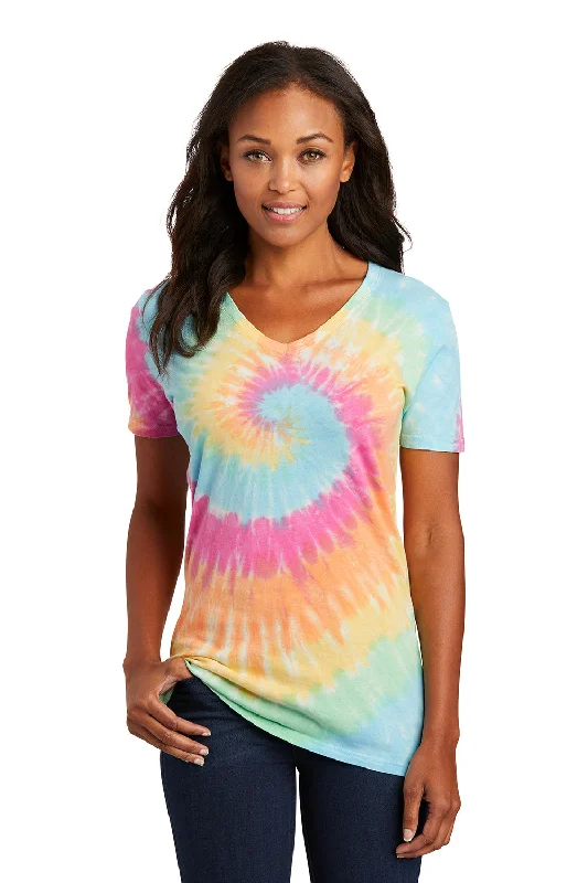 T-shirts with alien designs -Port & Company Womens Tie-Dye Short Sleeve V-Neck T-Shirt - Pastel Rainbow