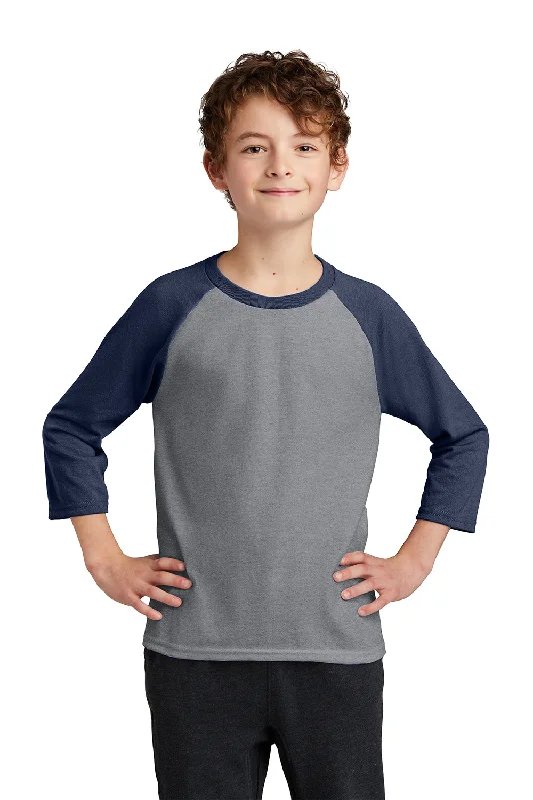 T-shirts with palm designs -Port & Company Youth Core Moisture Wicking 3/4 Sleeve Crewneck T-Shirt - Heather Grey/Navy Blue