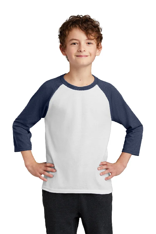 T-shirts for floral fans -Port & Company Youth Core Moisture Wicking 3/4 Sleeve Crewneck T-Shirt - White/Navy Blue