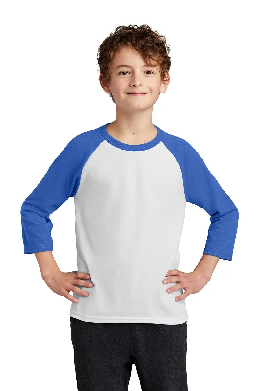 T-shirts for green living -Port & Company Youth Core Moisture Wicking 3/4 Sleeve Crewneck T-Shirt - White/Royal Blue