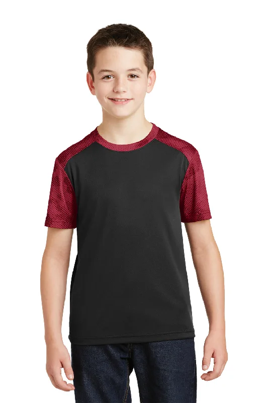 T-shirts for book lovers -Sport-Tek Youth CamoHex Moisture Wicking Short Sleeve Crewneck T-Shirt - Black/Deep Red - Closeout