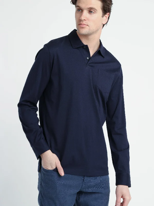 T-shirts with octopus art -Spring Navy Lisle Pocket Polo Shirt