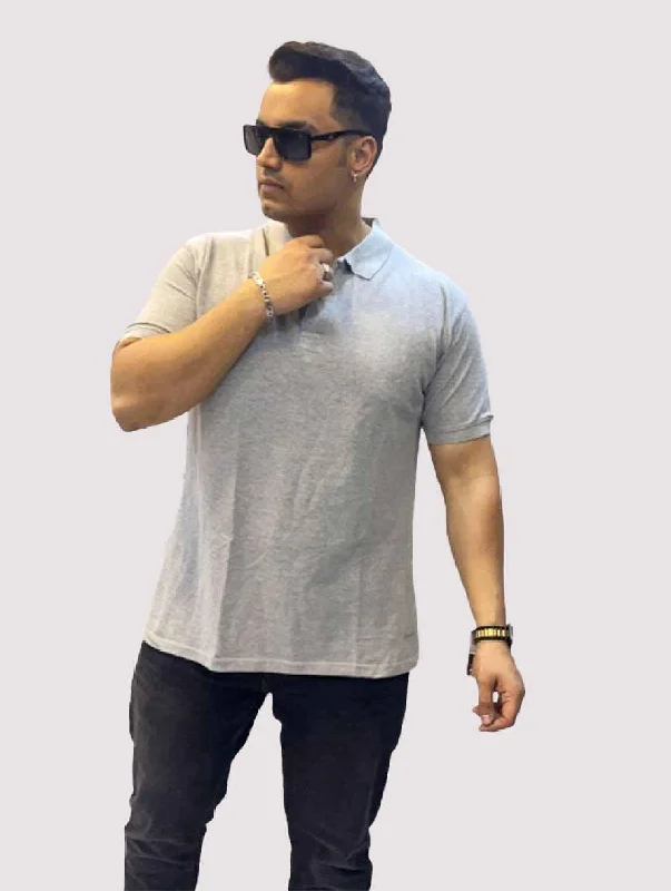 T-shirts with piano graphics -Stone Grey Solid Polo Collar Pure Cotton T-SHIRT Men's Plus Size