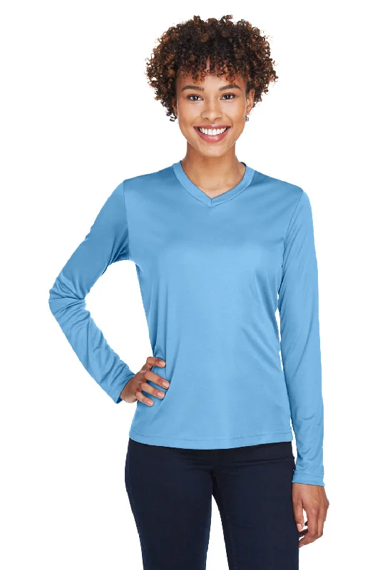 T-shirts with flower art -Team 365 Womens Zone Performance Moisture Wicking Long Sleeve Crewneck T-Shirt - Light Blue