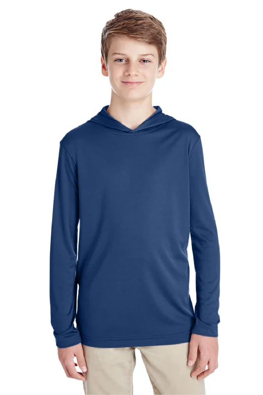 T-shirts with jellyfish prints -Team 365 Youth Zone Performance Moisture Wicking Long Sleeve Hooded T-Shirt Hoodie - Dark Navy Blue