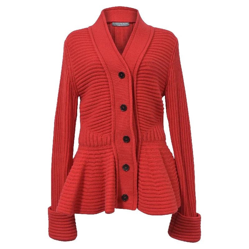 Cardigan with houndstooth print -Alexander McQueen Peplum Chunky-Knit Cardigan in Red Wool