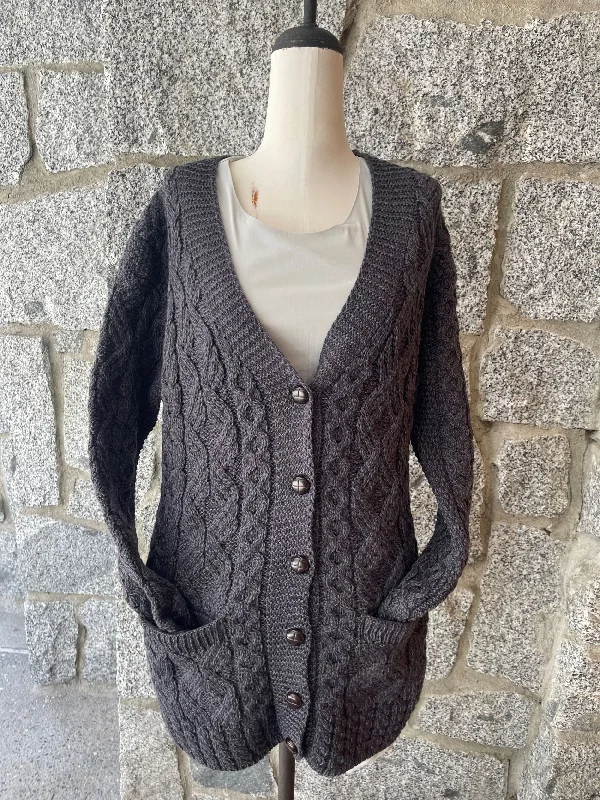 Cardigan for formal events -Aran - Buttoned Longline Cardigan - Charcoal