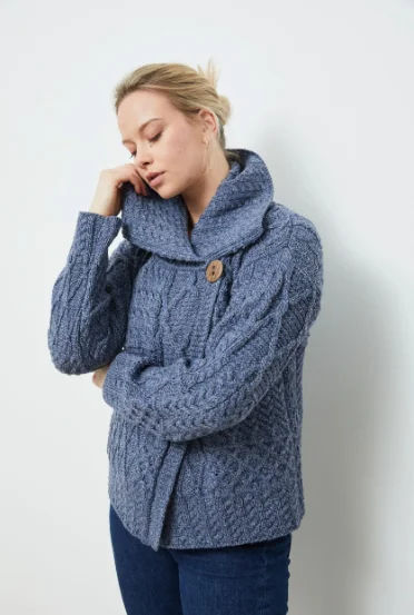 Cardigan with high collar -Aran - Merino Patchwork Cardigan - Denim Marl