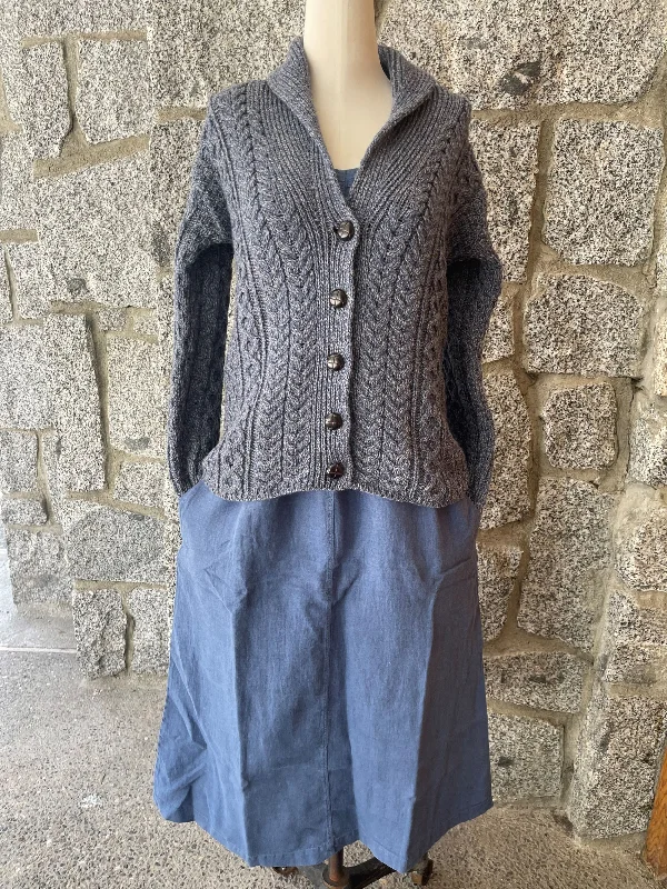 Cardigan with high-low hem -Aran - Shawl Collar Cardigan with Buttons - Denim marl