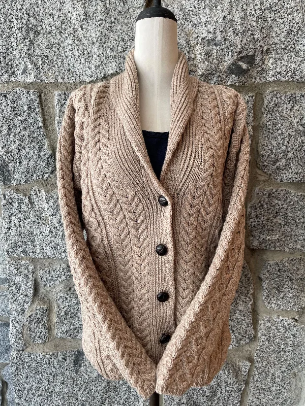 Cardigan with square neck -Aran - Shawl Collar Cardigan with Buttons - Toasted oat