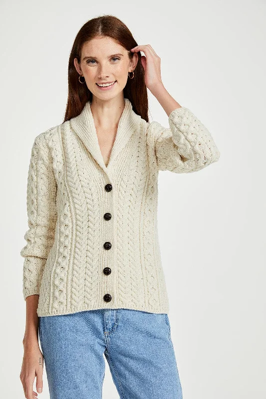 Cardigan with dot pattern -Aran - Shawl Collar Cardigan with Buttons - White