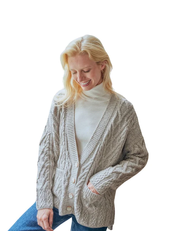 Cardigan for baby showers -Aran - Vented box Cardigan with Buttons and trellis - Feather grey