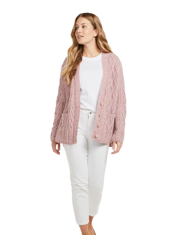 Cardigan for cozy nights -Aran - Vented box Cardigan with Buttons and trellis - Pink