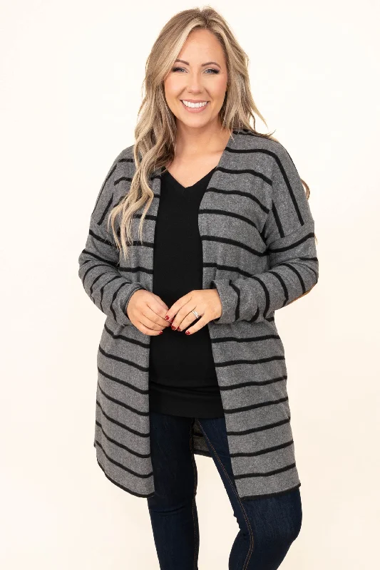 Cardigan for winter travel -Bringing The Heat Cardigan, Charcoal-Black