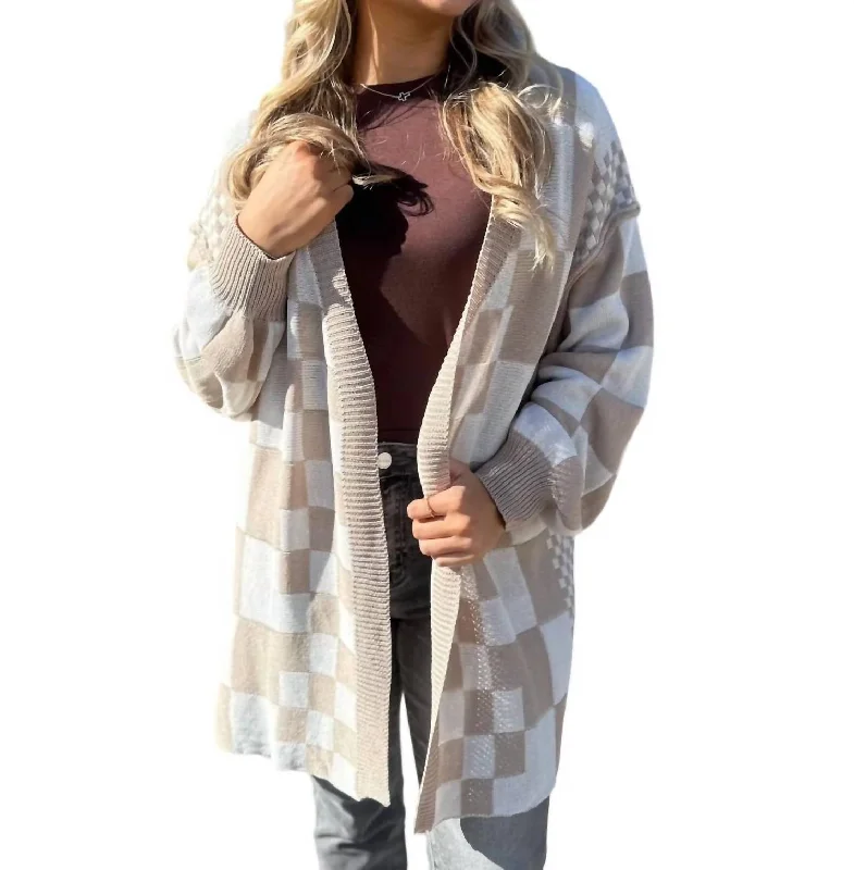 Cardigan for summer outings -Checkerboard Loose Fit Cardigan In Latte