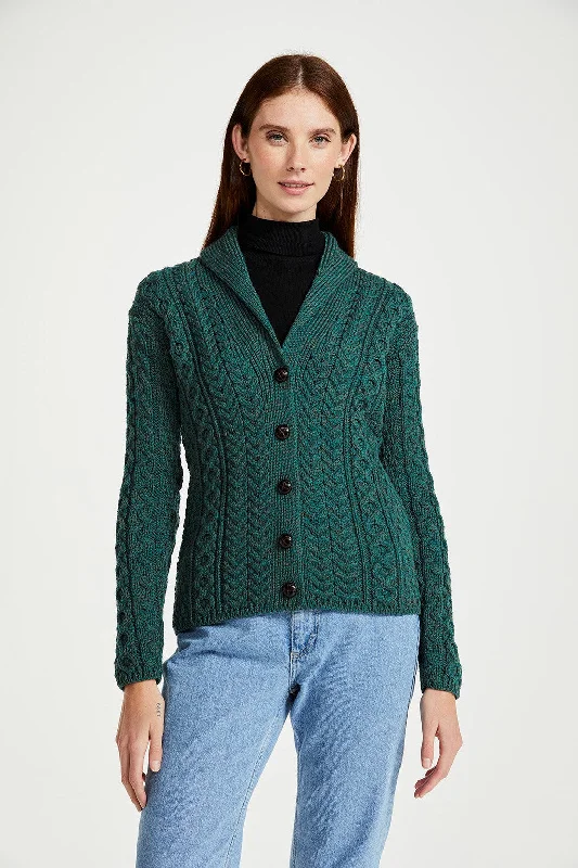 Cardigan with deep pockets -Aran - Shawl Collar Cardigan with Buttons - Connemara green