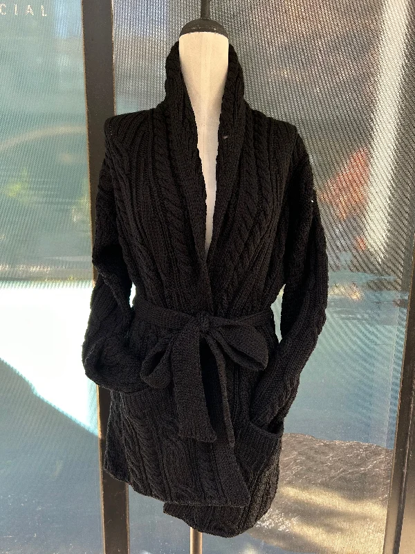 Cardigan with wave print -Aran - Belted Cardigan - Black