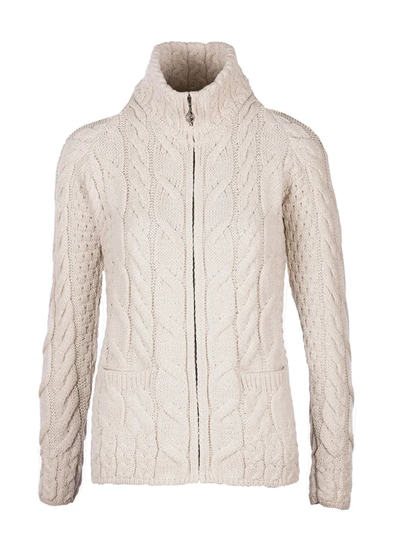 Cardigan with pleated front -Aran - Shaped Zipper Cardi - Cream