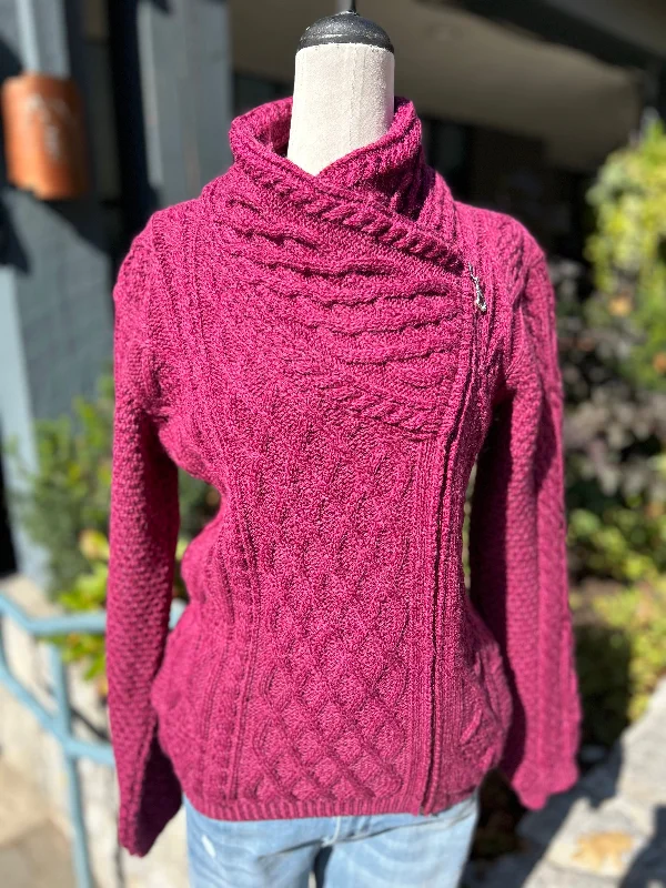 Purple cardigan for bold look -Aran - Side Zip Cardigan - Raspberry