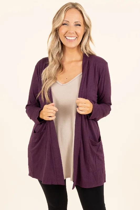 Longline cardigan in black -Kindness and Compassion Cardigan, Eggplant