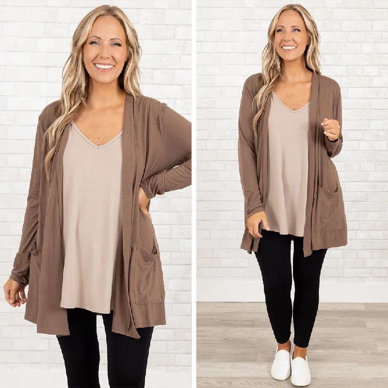 Cardigan with contrast trim -Kindness and Compassion Cardigan, Mocha