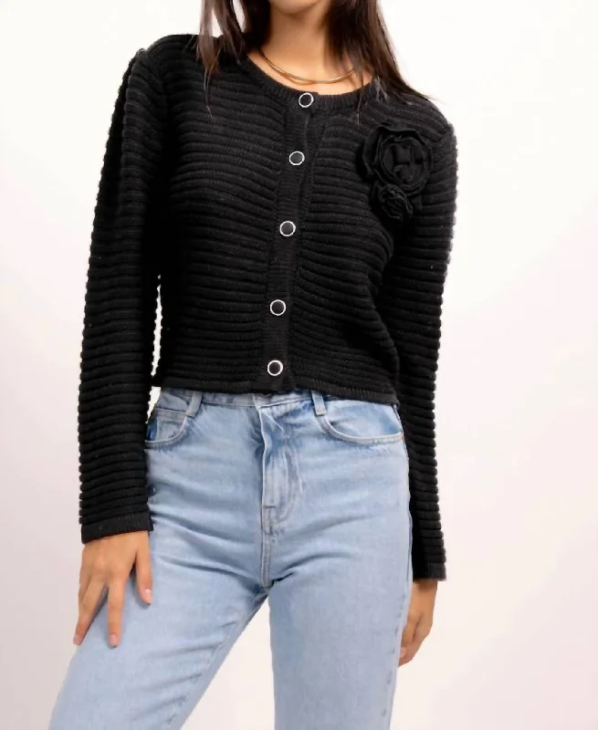 Cardigan with round neck -Leo Rosette Cardigan In Black