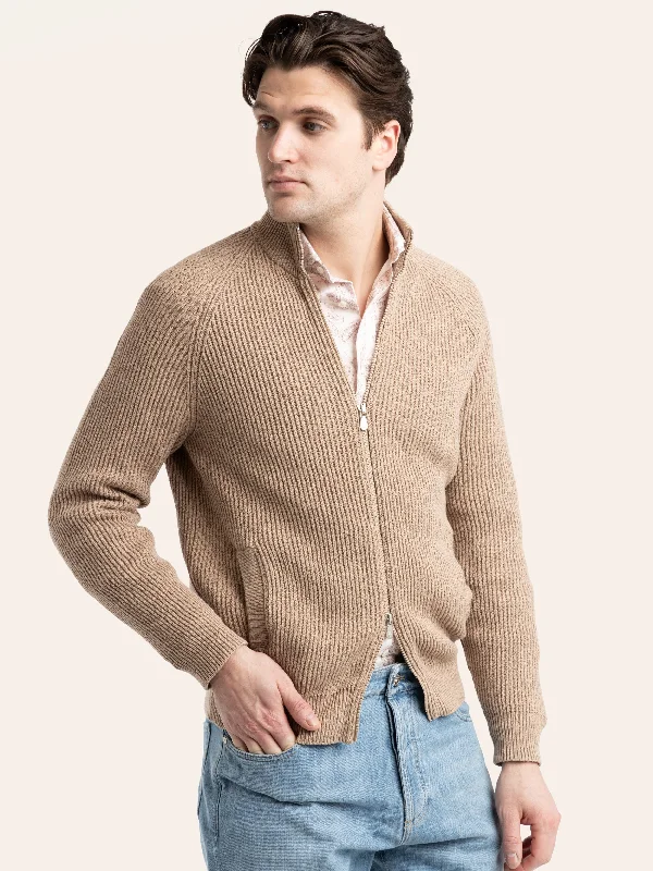 Cardigan for fall parties -Light Brown Malfilé English Rib Full Zip Cardigan