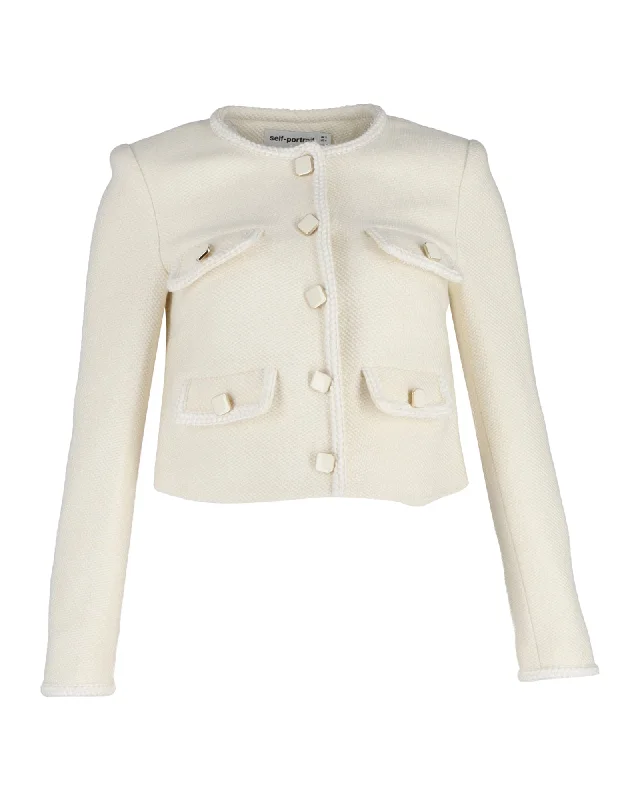 Cardigan with animal print -Self-Portrait Boucle Cropped Jacket in Cream Wool Blend