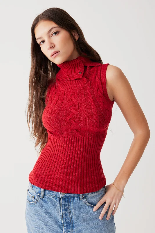 Pullover sweater with cloud sleeves -Axel Cable Cloud Knit Sleeveless Sweater - Red Velvet