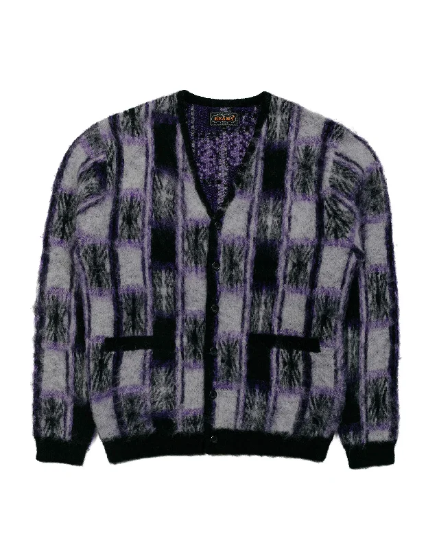 Cardigan with front hem -Beams Plus Cardigan Double Jacquard Check Pattern Black