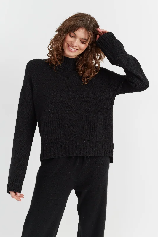 Pullover sweater for cozy nights -Black Cashmere Patch Pocket Sweater