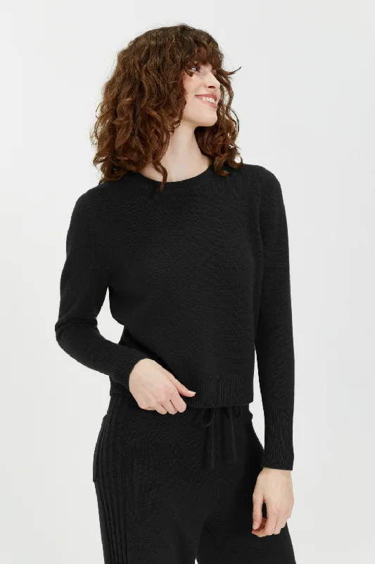 Pullover sweater with side hem -Black Cashmere Cropped Sweater