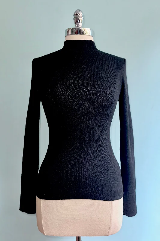 Pullover sweater with thin cuffs -Black Ribbed Mock Neck Sweater by Compania Fantastica