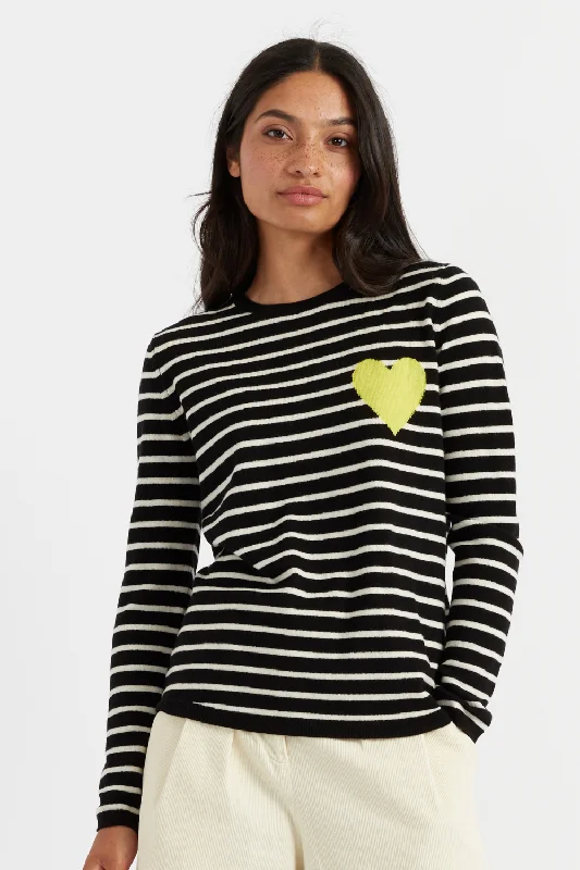 Pullover sweater with checkered design -Black Wool-Cashmere Heart Breton Sweater