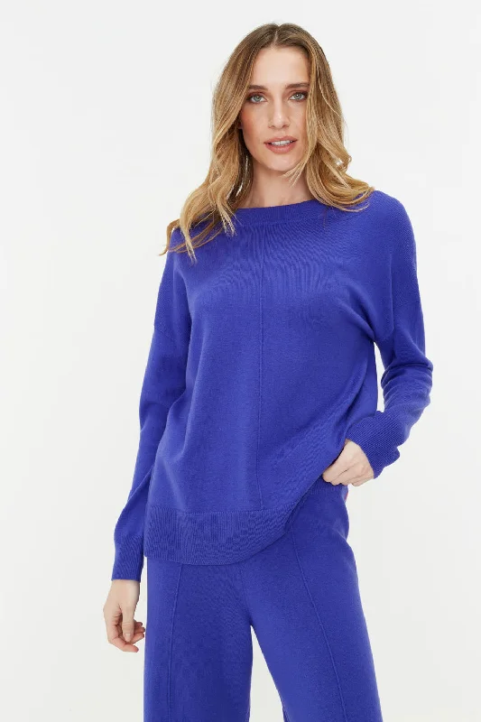 Pullover sweater with grid hem -Blue-Violet Wool-Cashmere Slouchy Sweater