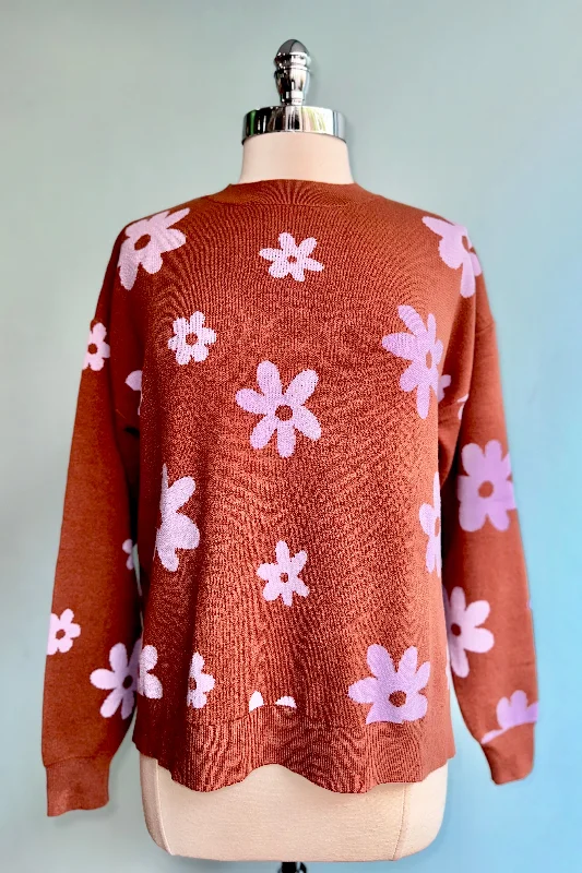 Pullover sweater with deep neck -Brown and Purple Mod Flower Sweater by Compania Fantastica