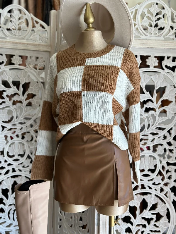 Pullover sweater with spring events -Brown Checkered Sweater