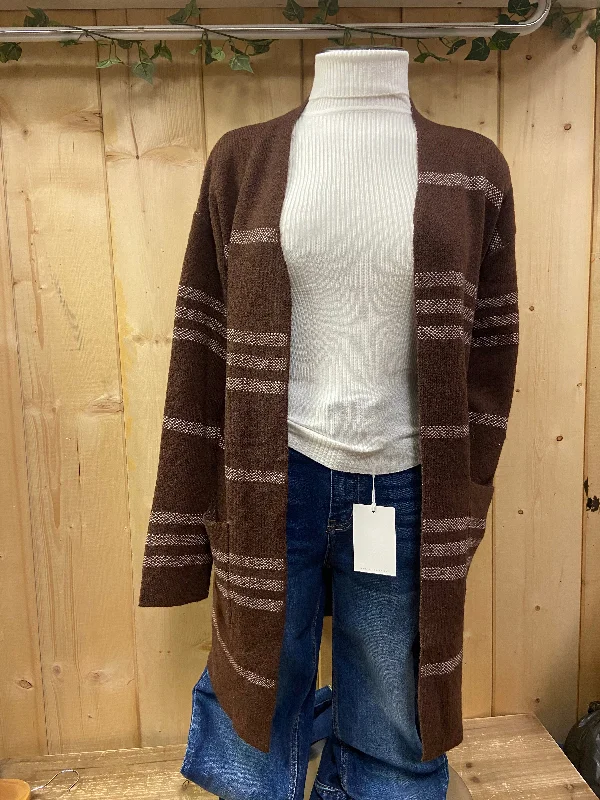 Cardigan with thin hem -Brown Striped Cardigan