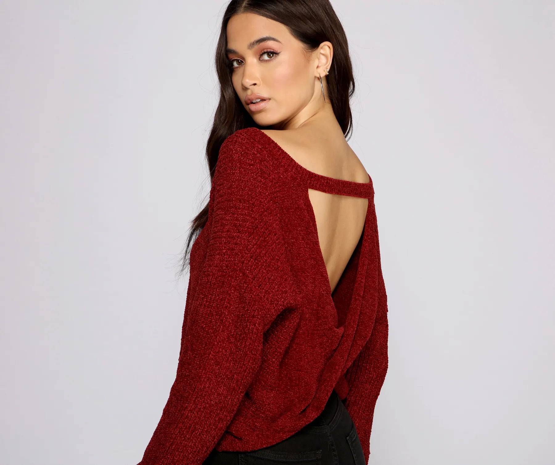 Pullover sweater with short hem -Casually Chic Twist Back Chenille Sweater