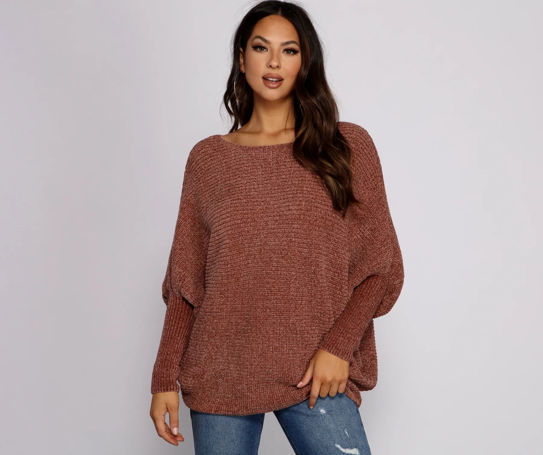 Pullover sweater for beach evenings -Chenille Knit Dolman Sleeve Sweater